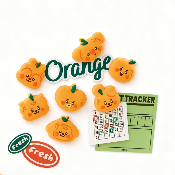 BT21 Orange Theme Silicone Fridge Magnets | K-Pop Character Citrus-Style Refrigerator Decor & Utility Sets