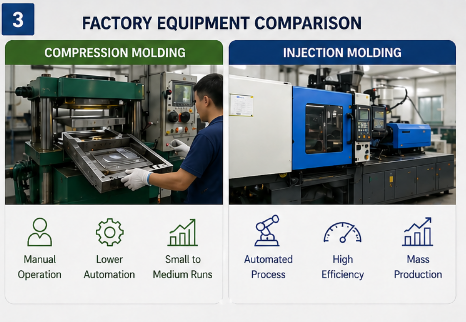 compression molding vs injection molding factory machines