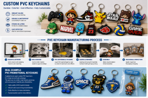 complete overview of custom PVC keychain manufacturing including product examples production process and promotional applications
