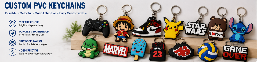 custom PVC keychain product showcase featuring colorful promotional and character designs