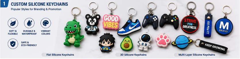 custom silicone keychains for OEM manufacturing including promotional and IP merchandise designs