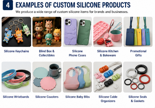 exemplos de produtos de silicone personalizados, incluindo porta-chaves, estatuetas e acessórios