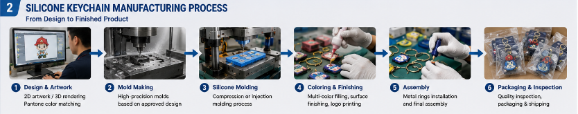 manufacturing process of custom silicone keychains including mold making molding coloring and assembly