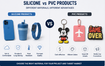 comparison of silicone and PVC products including keychains accessories and promotional items