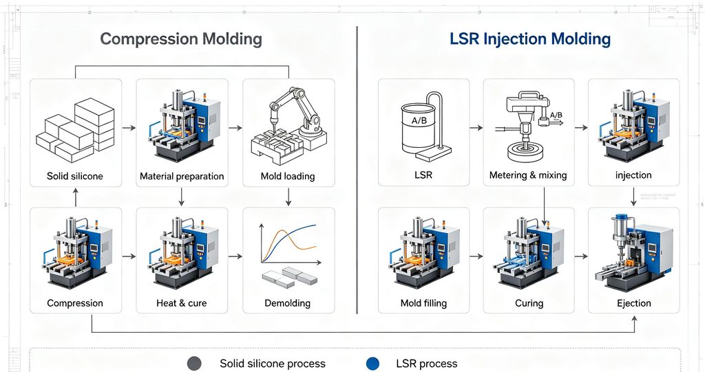 custom silicone molding process showing compression molding and LSR injection molding