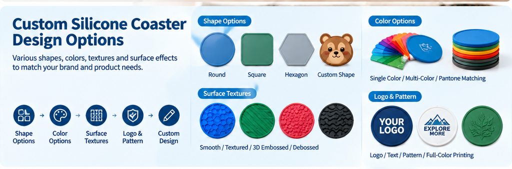 custom silicone coaster design options with logo colors and shapes