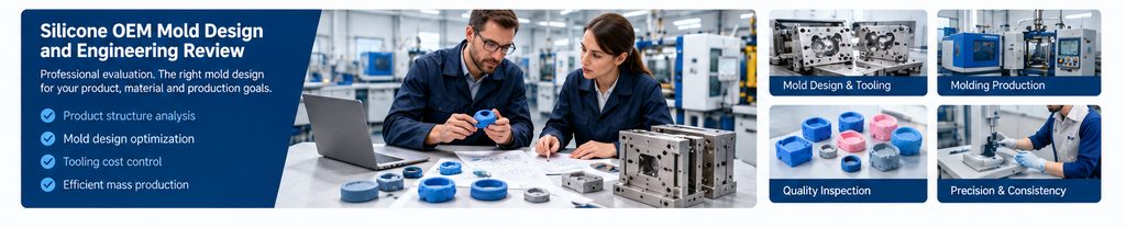 silicone OEM engineer reviewing custom mold design and silicone product samples