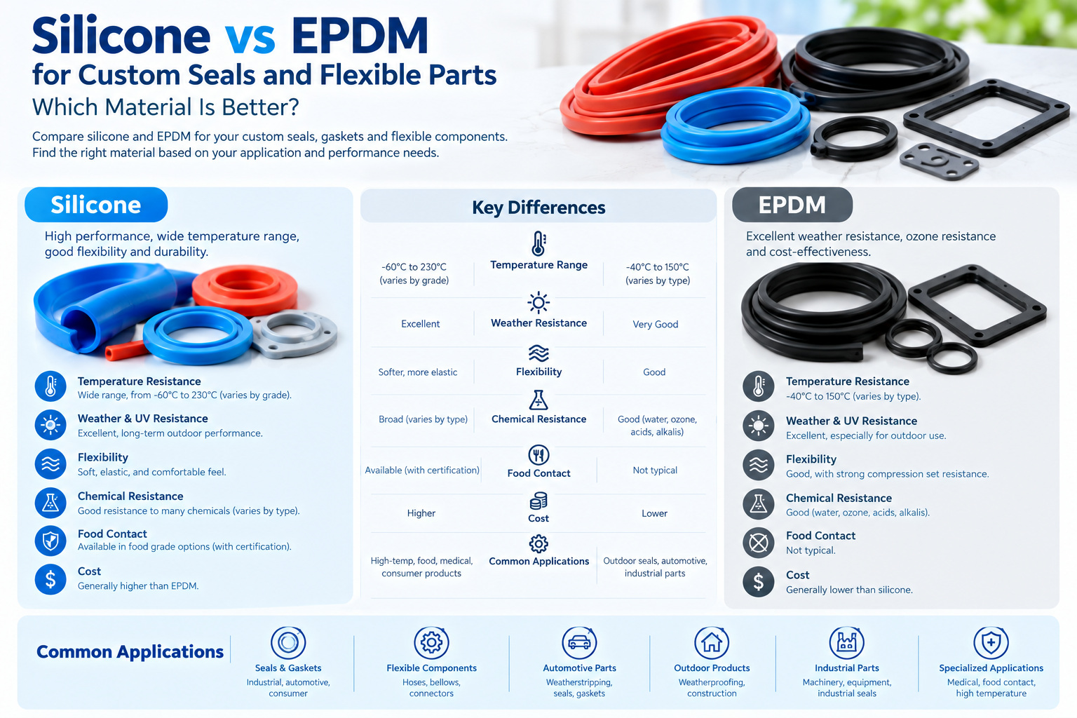 silicone vs EPDM for custom seals and flexible parts