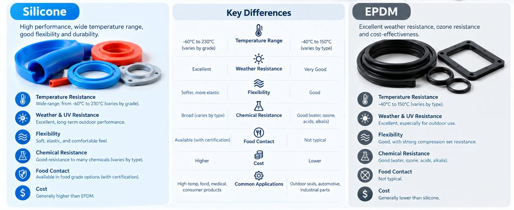 silicone vs EPDM material comparison for temperature flexibility weather resistance and seals