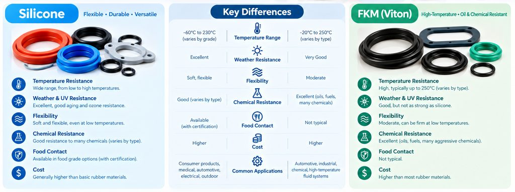 silicone vs FKM material comparison for temperature oil chemical resistance and flexibility