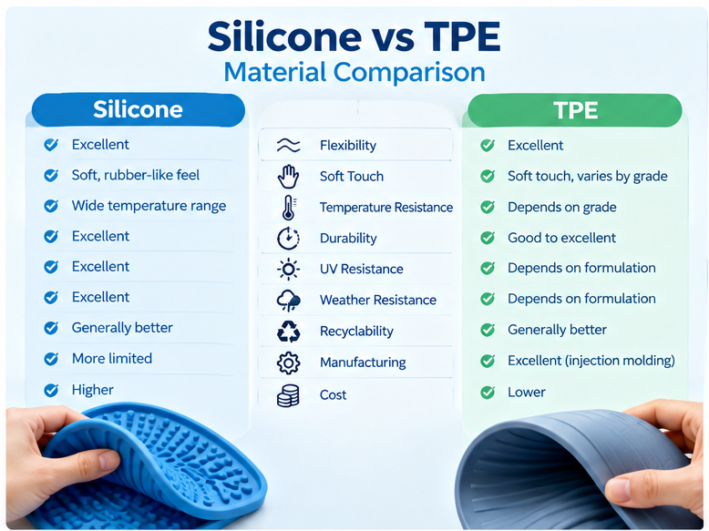 silicone and TPE material comparison showing flexibility texture and product applications