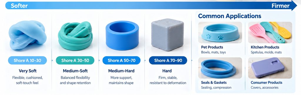 silicone Shore A hardness comparison from soft to hard custom silicone products